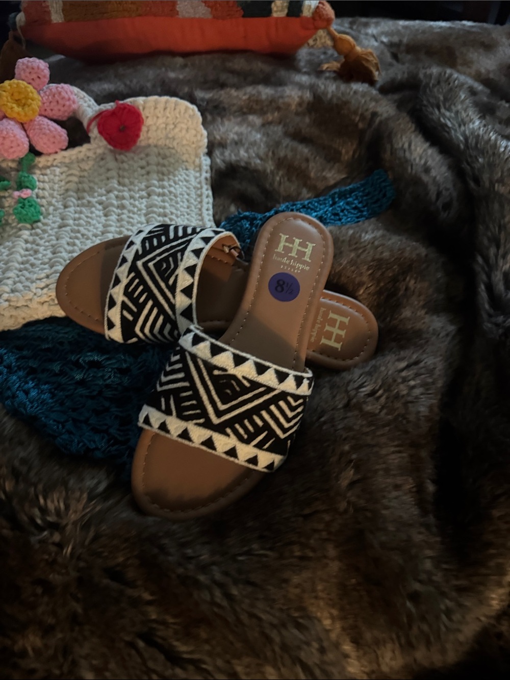 H&M Black and White Patterned Slide Sandals